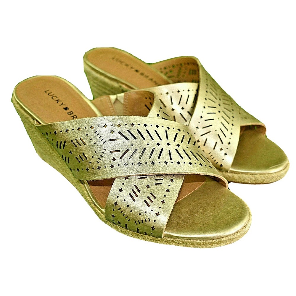Women's Lucky Brand Keela Espadrilles Sandals Gold Metallic Leather Shoes 12 W